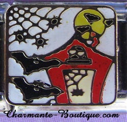 Maison hantée rouge avec chauves-souris